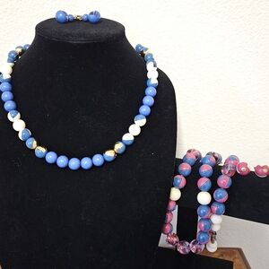 Vtg 80s Set Acrylic Beaded Necklaces & Earrings.